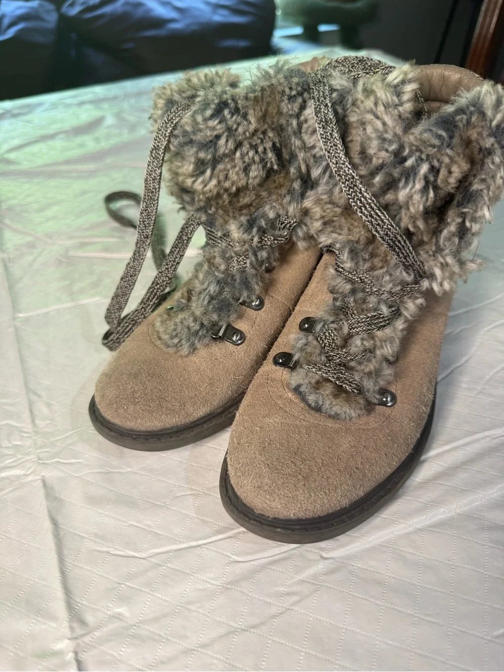 Sam Edelman Taupe Suede Lace-Up Fur Trim Boots